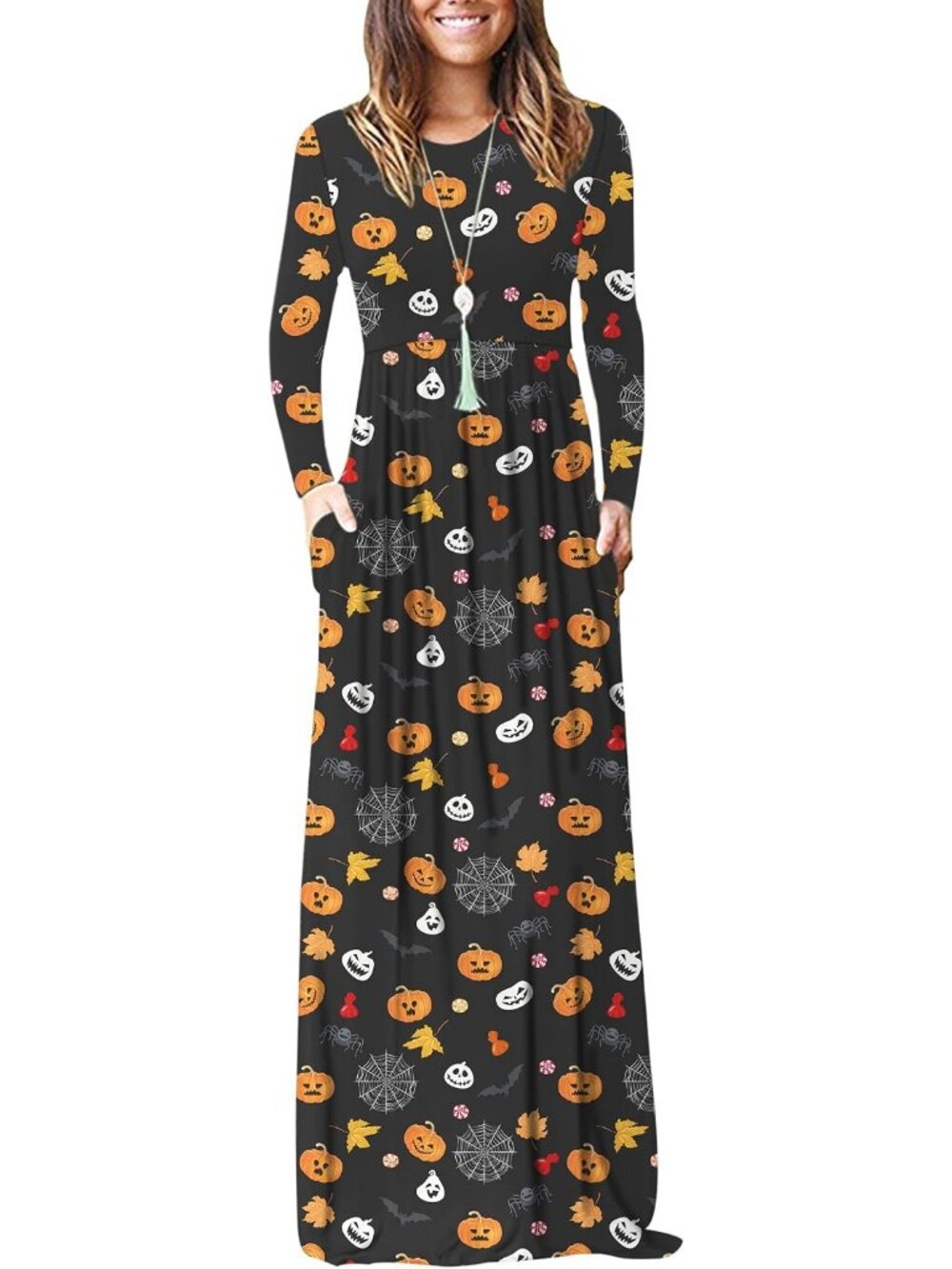 Women's Halloween Pumpkin Crew Neck Long Sleeve Pull On Soft Pocket Maxi Dresses